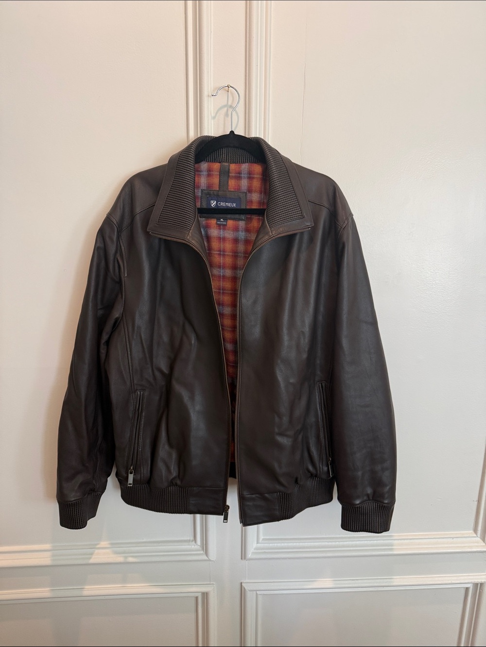 Daniel Cremieux Dark Brown Leather Bomber Jacket with Plaid Lining